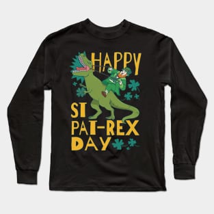 Happy St. Pat-Rex Day Leprechaun Riding T-Rex Dinosaur for St. Patrick's Day Long Sleeve T-Shirt